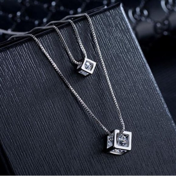 NEW 925 Sterling Silver Diamond Cube Necklace A - Picture 1 of 10